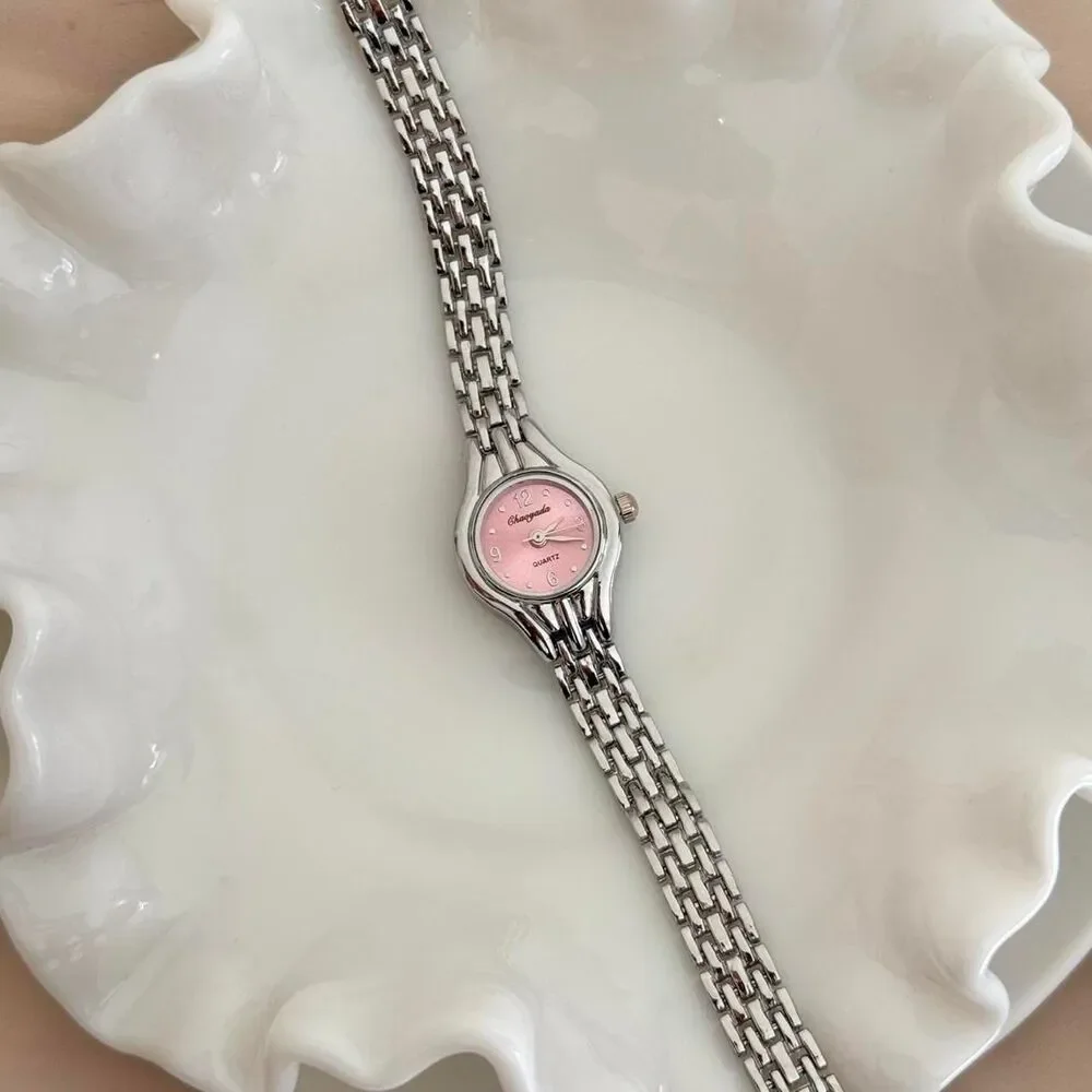 y2k dainty silver and pink dial round stainless steel quartz watch